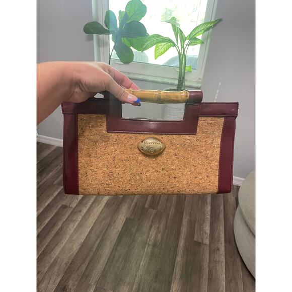 Diana E Kelly CORK GLITTER Handbag MaroonTrim Gold Football w/ Bamboo Handle - Picture 1 of 9